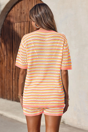 Fisoew Women's Orange Crochet Striped Knit Swimsuit 2-Piece Set