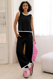 Fisoew Women's Black 2 Piece Sleeveless Wide Leg Capris Outfits - Fisoew