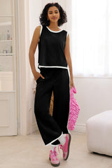 Fisoew Women's Black 2 Piece Sleeveless Wide Leg Capris Outfits