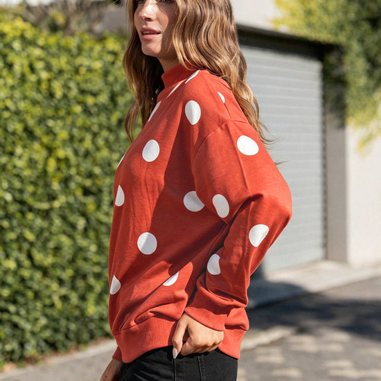 Mock Neck Long Sleeve Polka Dot Sweatshirts - Fisoew