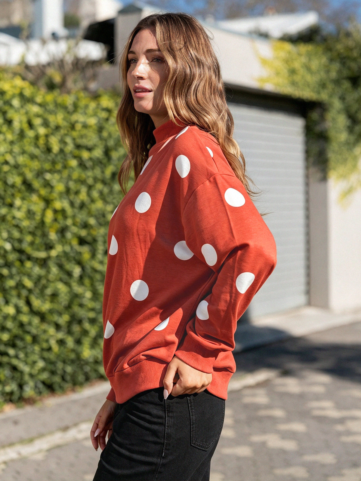 Mock Neck Long Sleeve Polka Dot Sweatshirts - Fisoew