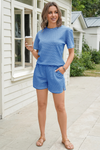 Womens Blue Striped Knit 2-Piece Short Sleeve Loungewear Set Fisoew - Fisoew