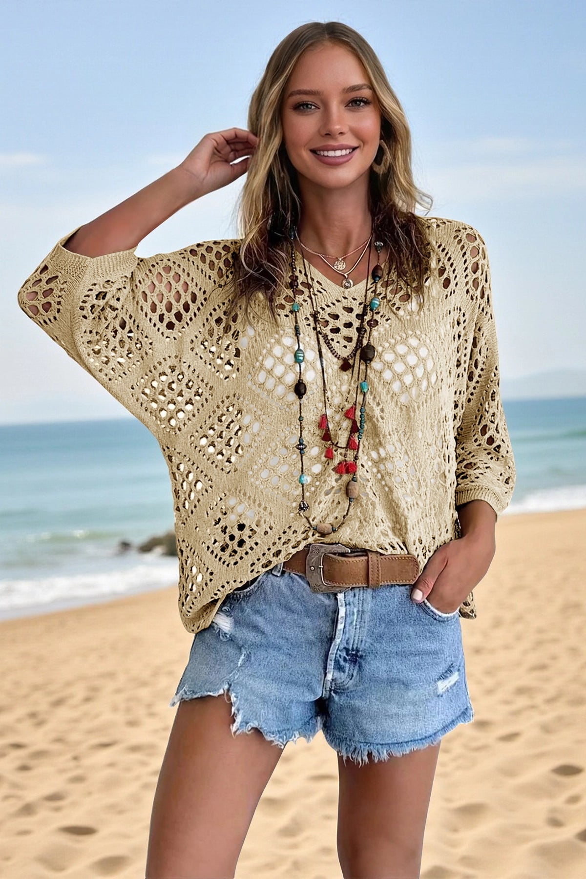 Womens Khaki Summer Short Sleeve Crochet Swimsuit Fisoew