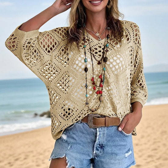 Womens Khaki Summer Short Sleeve Crochet Swimsuit Fisoew - Fisoew