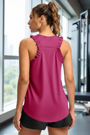 Fisoew Women's Rose Red Ruffle Sleeveless  Black Racerback Workout Tank Tops - Fisoew
