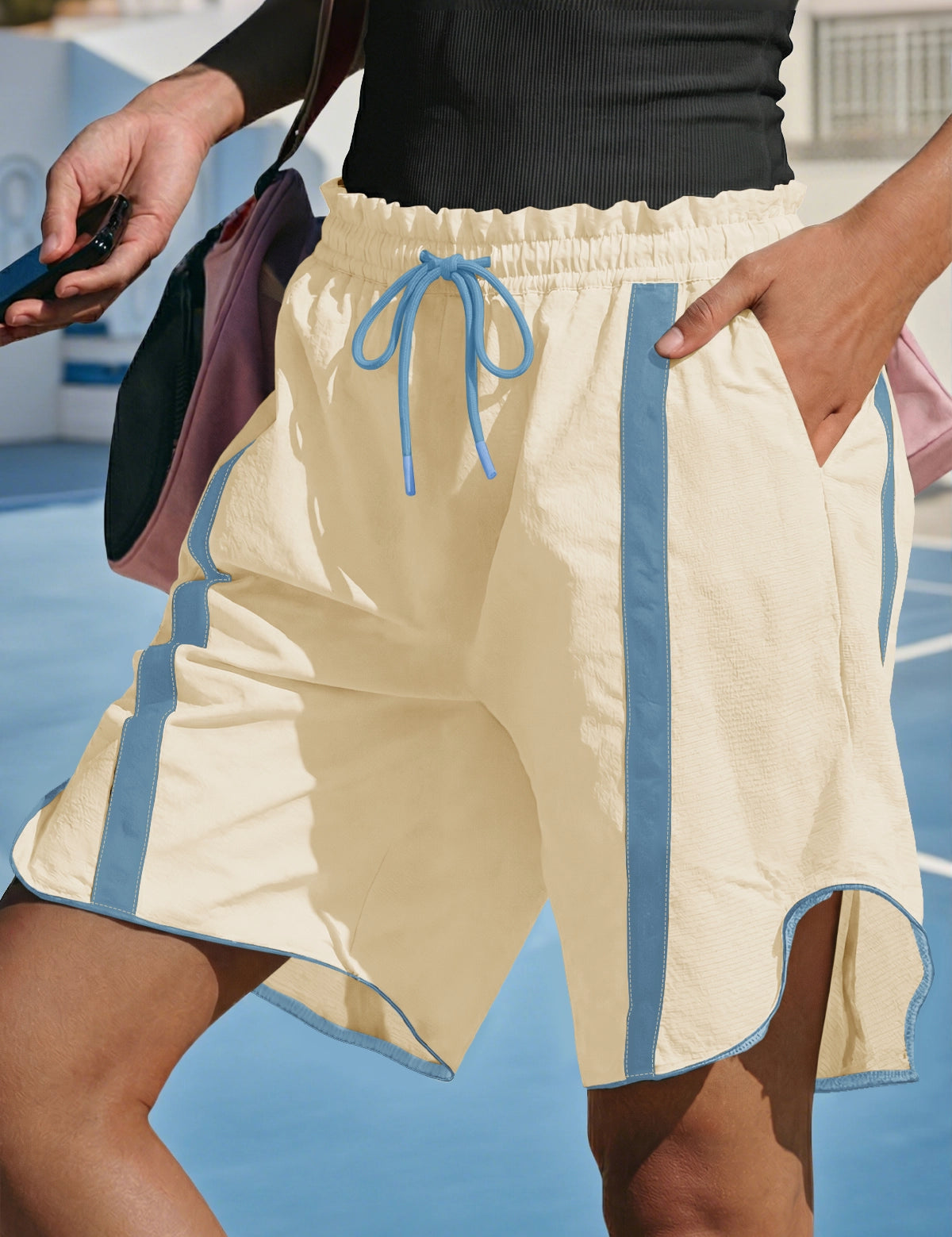 Fisoew Women's Beige Baggy Cargo Workout Running Athletic Yoga Shorts - Fisoew