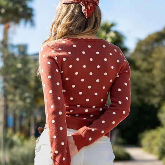 Polka Dot Slim Fit Knit Long Sleeve Tops - Fisoew