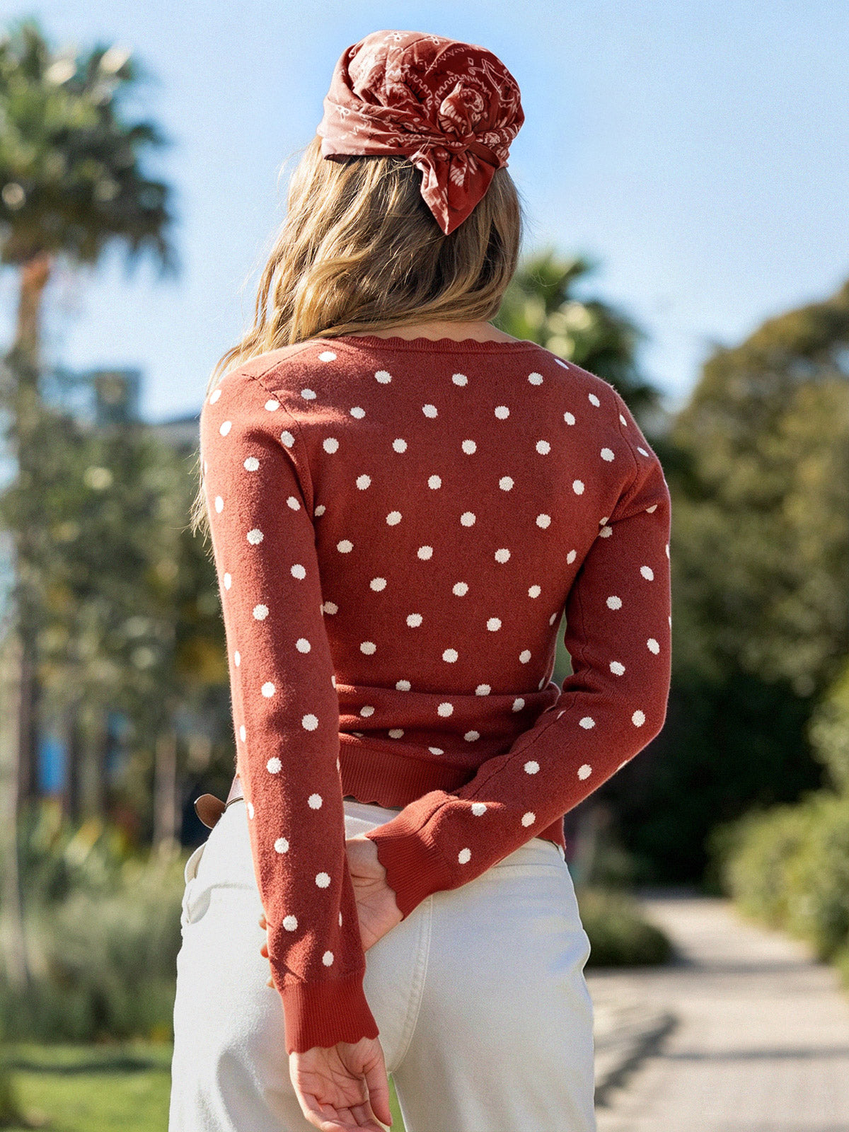 Polka Dot Slim Fit Knit Long Sleeve Tops - Fisoew