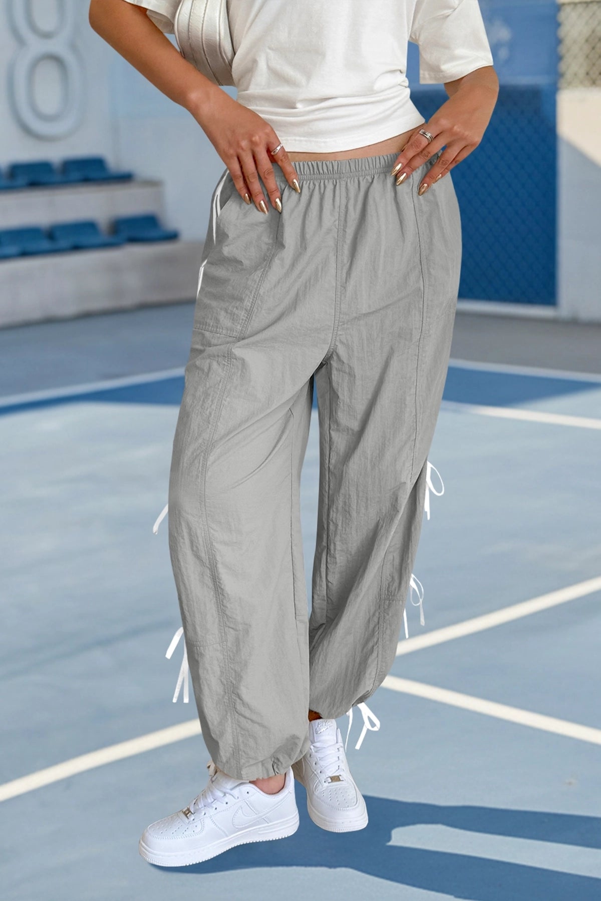 Fisoew Women’s Light Grey Casual Elastic Wide Leg Track Pants - Fisoew