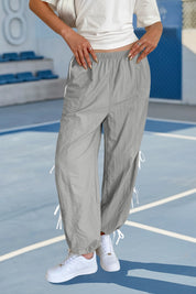 Fisoew Women’s Light Grey Casual Elastic Wide Leg Track Pants - Fisoew