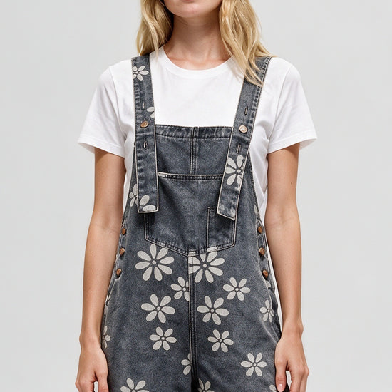 Flower Print Wide Leg Denim Jumpsuit - Fisoew