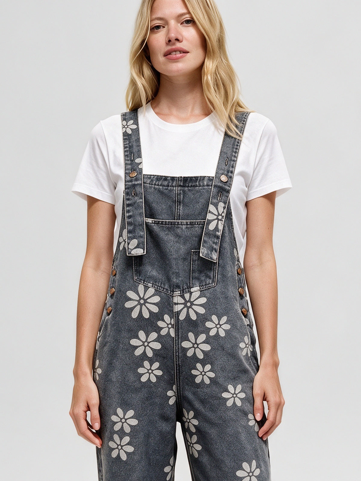Flower Print Wide Leg Denim Jumpsuit - Fisoew