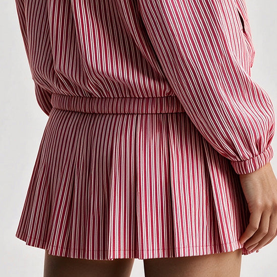 Stripe Zipper Jacket With Pleated Skirt Sets - Fisoew