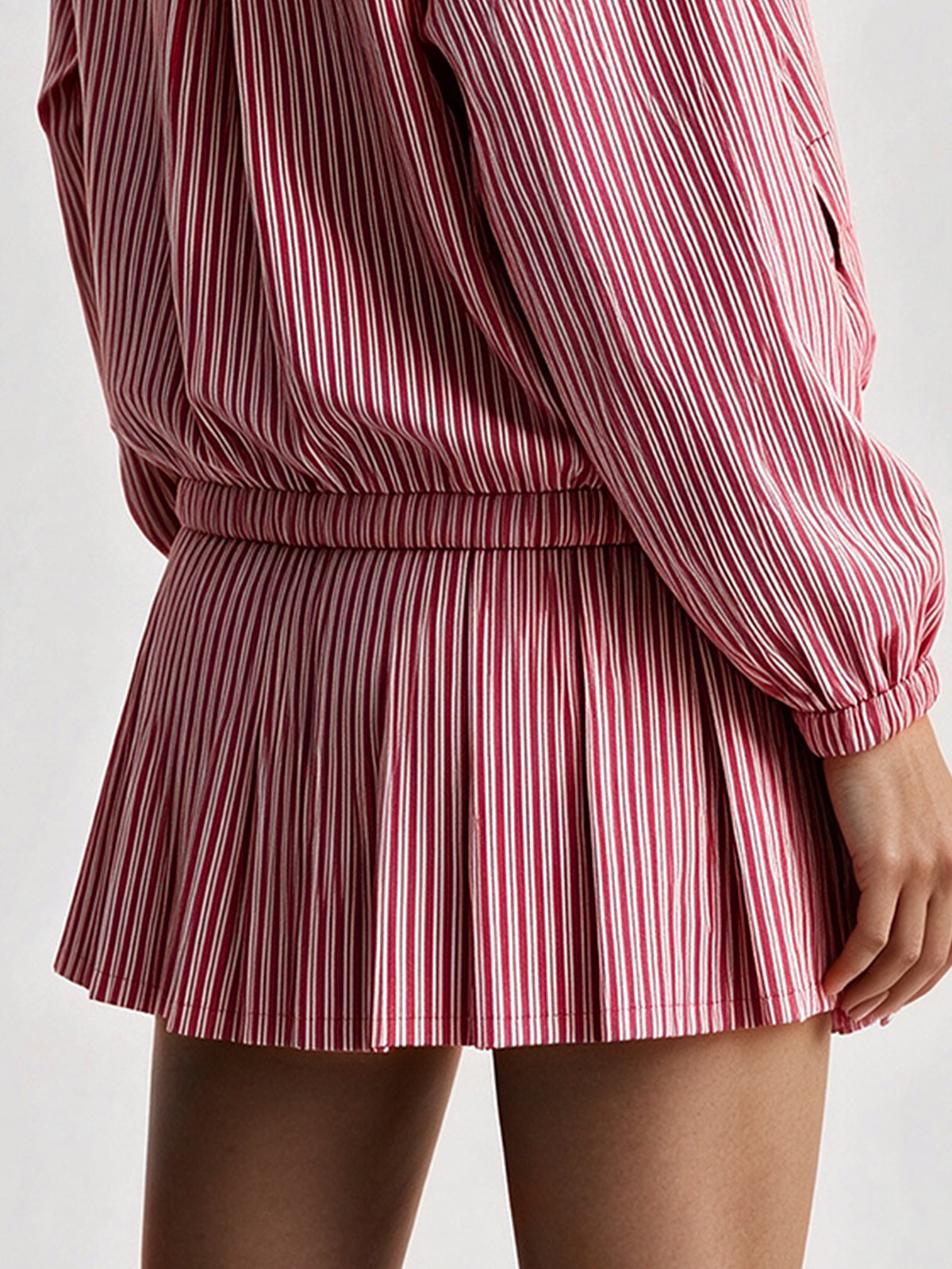 Stripe Zipper Jacket With Pleated Skirt Sets - Fisoew