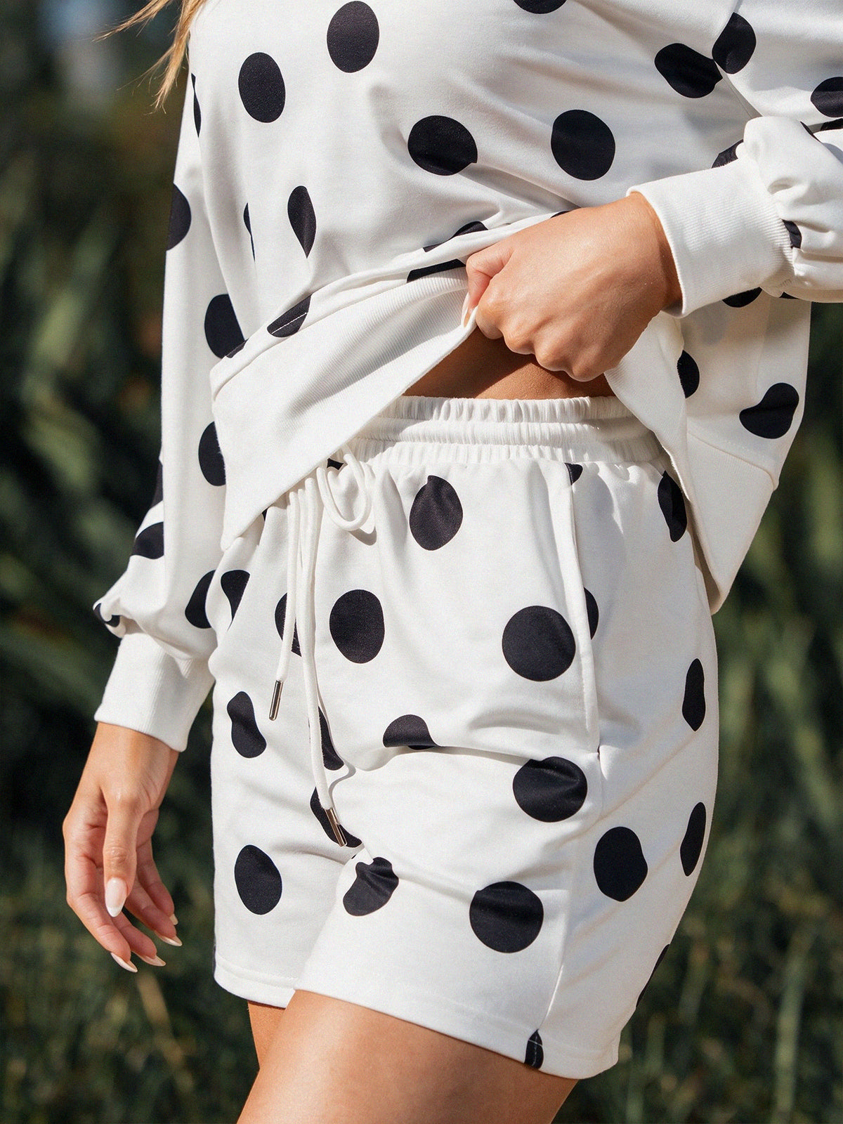 Polka Dot Sweatshirts With Short Sets - Fisoew