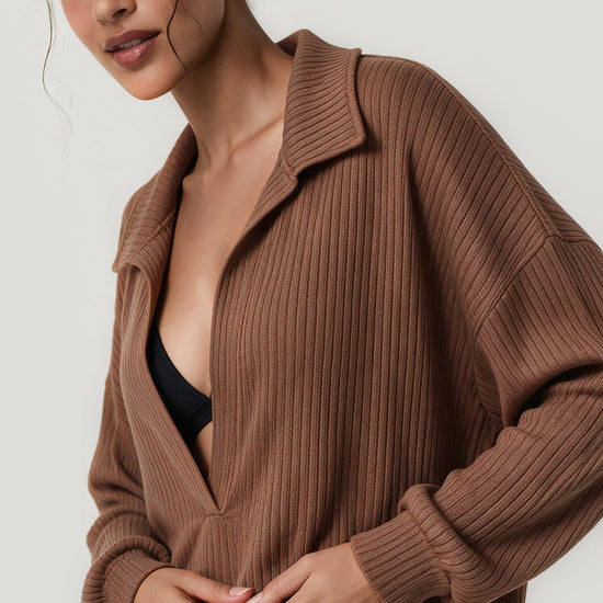 Oversized Collared Ribbed Knit Shirts - Fisoew