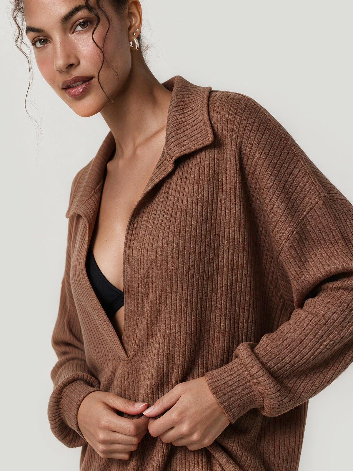 Oversized Collared Ribbed Knit Shirts - Fisoew