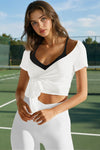 Fisoew Women's White Y2k Wrap Tie Crop Shirts - Fisoew