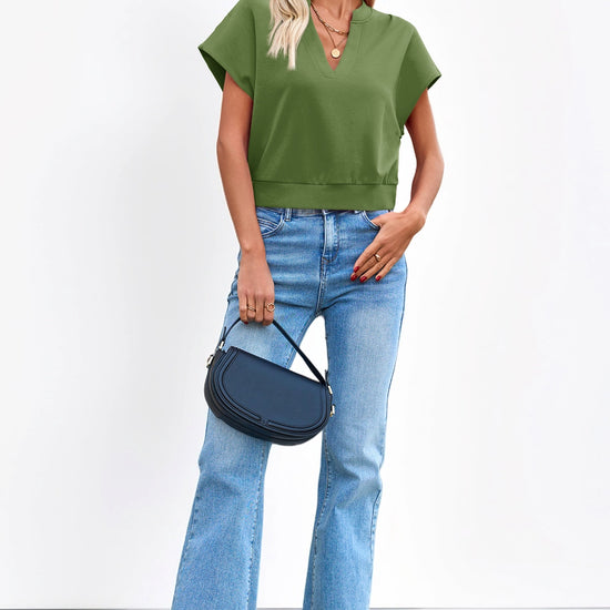 Fisoew Women's Army Green V Neck Cap Sleeve Casual Loose Fit T Shirts - Fisoew