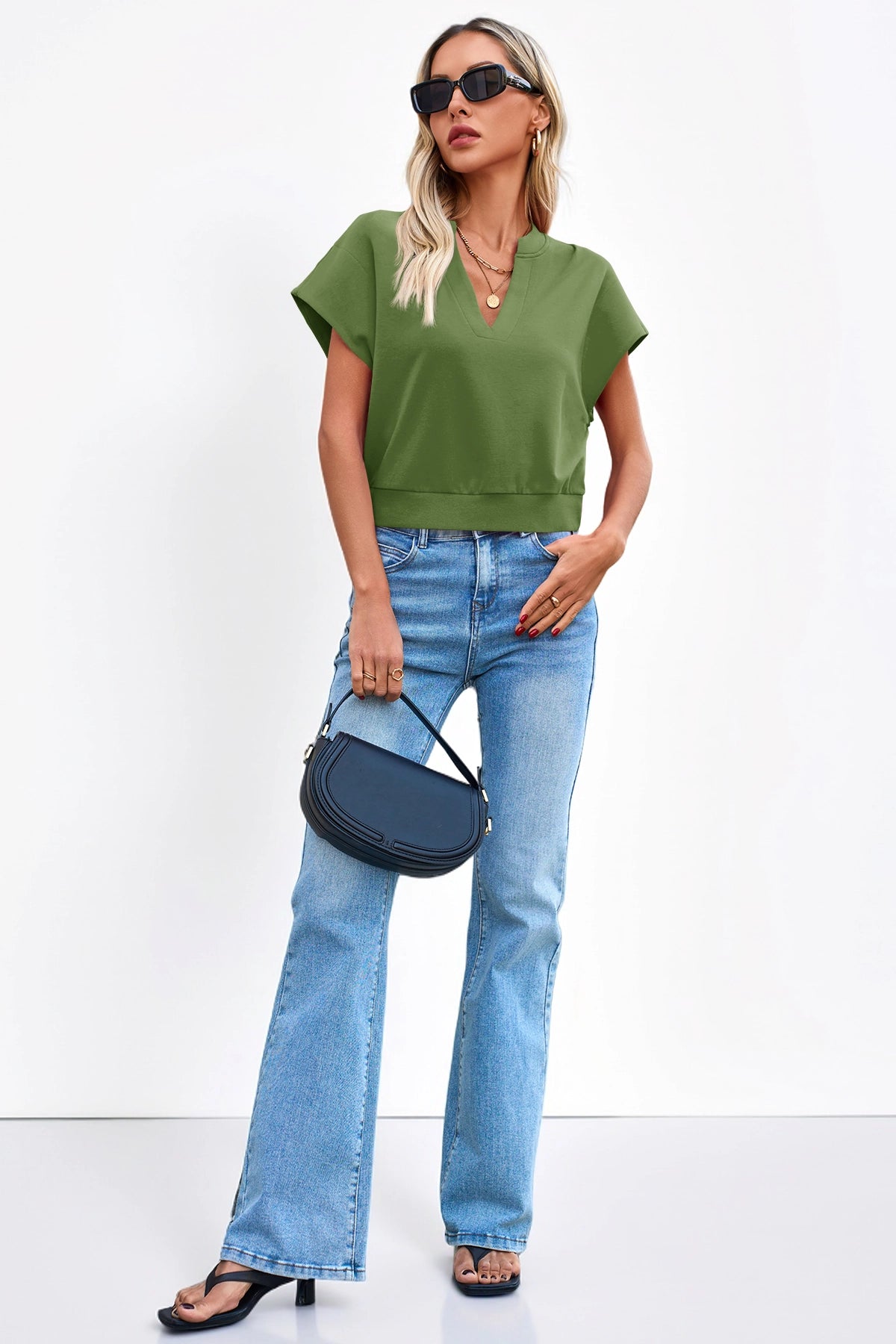 Fisoew Women's Army Green V Neck Cap Sleeve Casual Loose Fit T Shirts - Fisoew