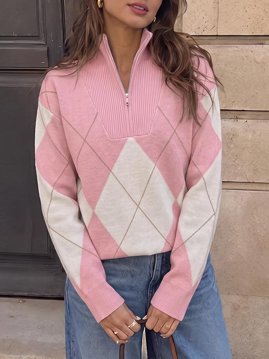 Quarter Zip Fall Argyle Knit Pullovers