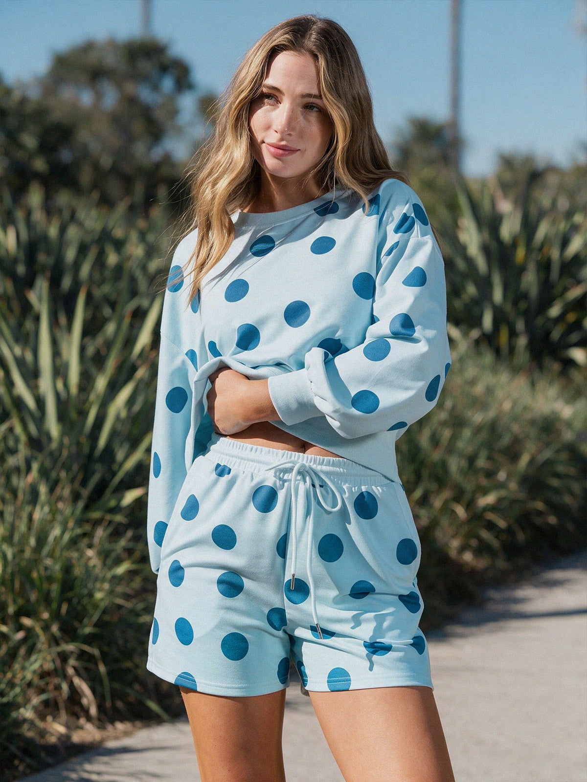 Polka Dot Sweatshirts With Short Sets - Fisoew
