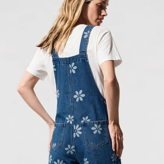 Flower Print Wide Leg Denim Jumpsuit - Fisoew