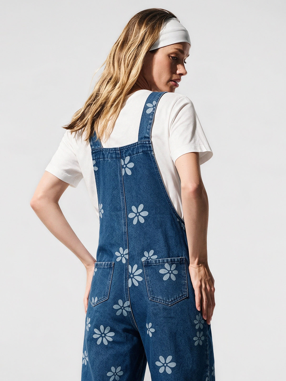 Flower Print Wide Leg Denim Jumpsuit - Fisoew