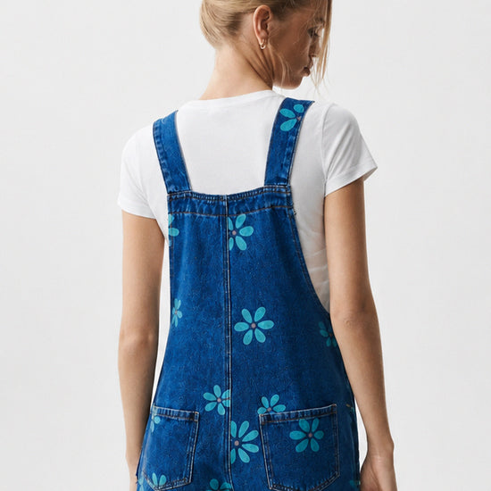 Flower Print Wide Leg Denim Jumpsuit - Fisoew
