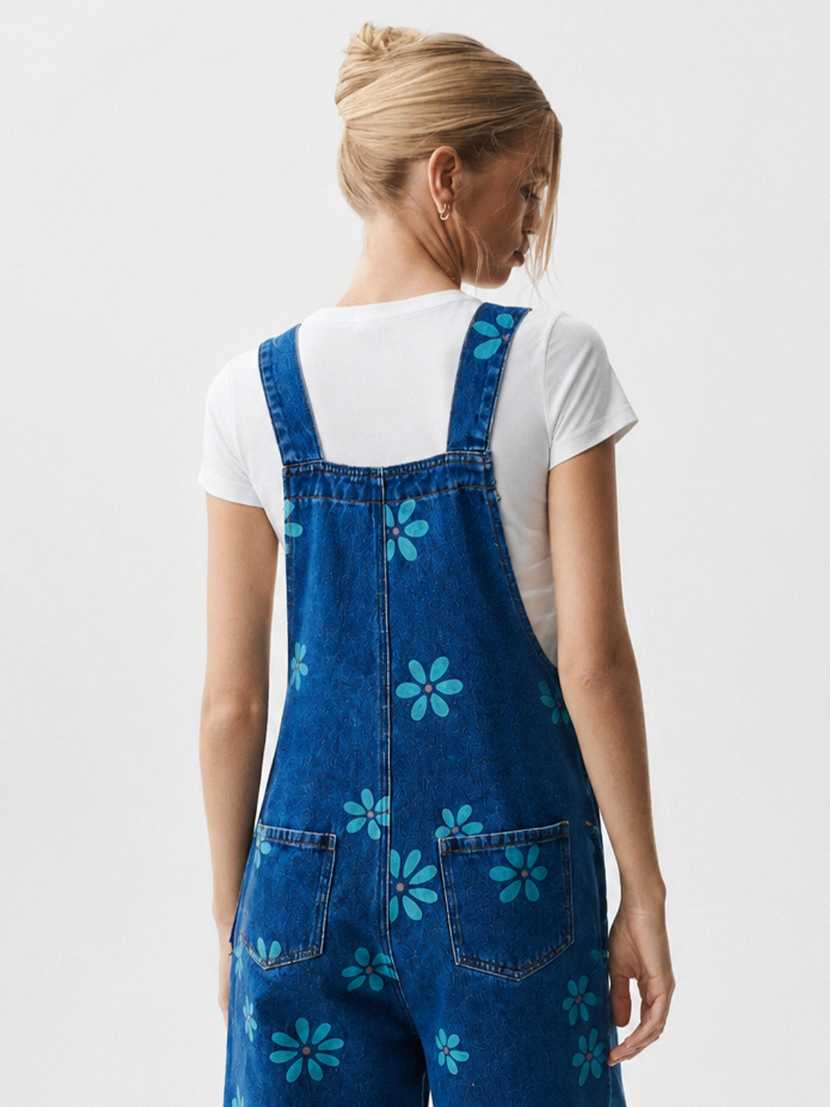 Flower Print Wide Leg Denim Jumpsuit - Fisoew
