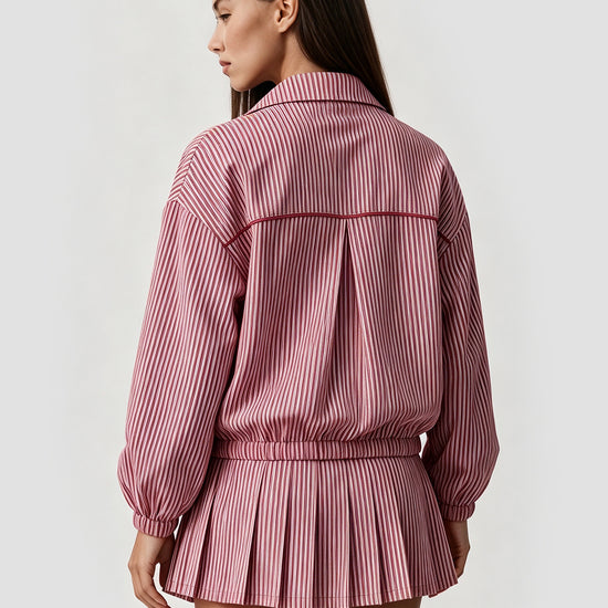 Stripe Zipper Jacket With Pleated Skirt Sets - Fisoew
