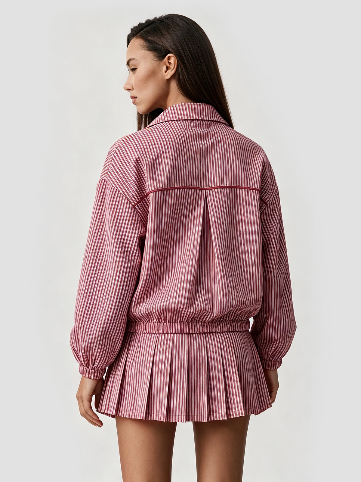 Stripe Zipper Jacket With Pleated Skirt Sets - Fisoew