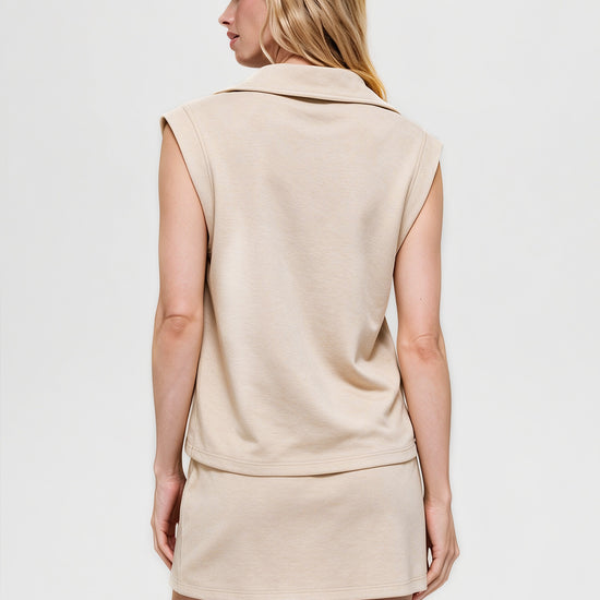 Khaki Sleeveless Half Zip Skirt Sets Fisoew - Fisoew