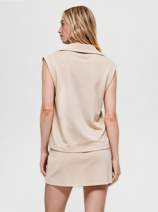 Khaki Sleeveless Half Zip Skirt Sets Fisoew - Fisoew