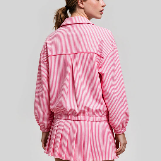 Stripe Zipper Jacket With Pleated Skirt Sets - Fisoew