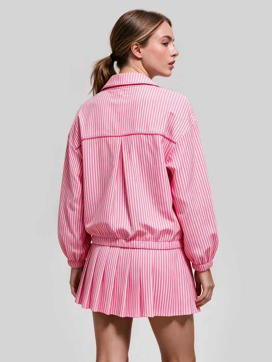 Stripe Zipper Jacket With Pleated Skirt Sets - Fisoew