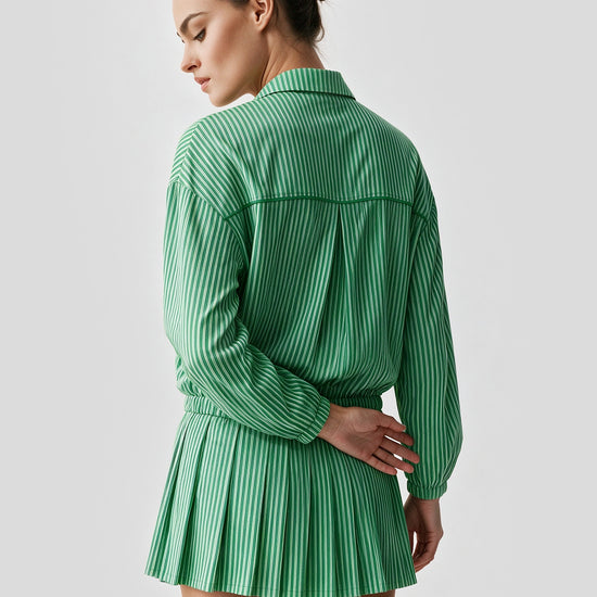 Stripe Zipper Jacket With Pleated Skirt Sets - Fisoew