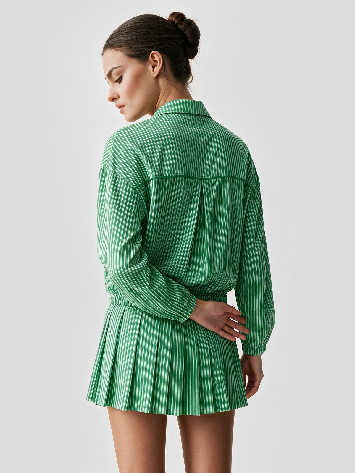 Stripe Zipper Jacket With Pleated Skirt Sets - Fisoew
