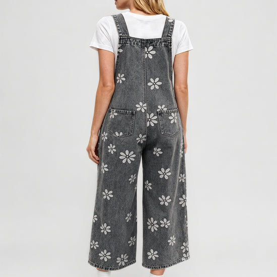 Flower Print Wide Leg Denim Jumpsuit - Fisoew