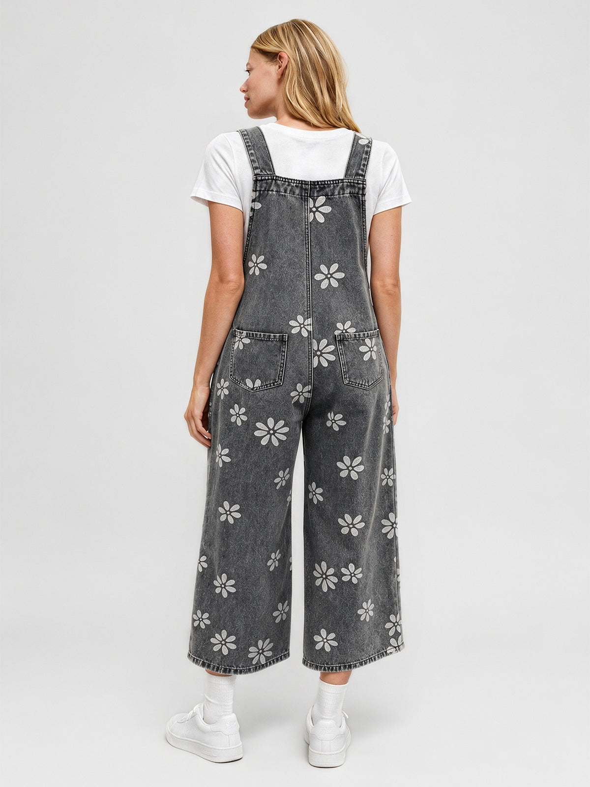 Flower Print Wide Leg Denim Jumpsuit - Fisoew