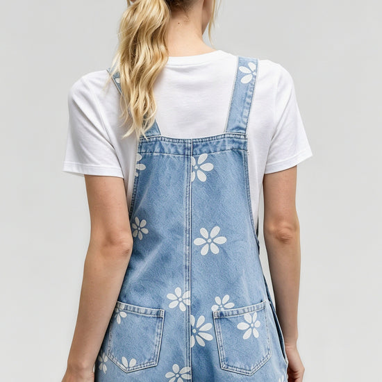 Flower Print Wide Leg Denim Jumpsuit - Fisoew