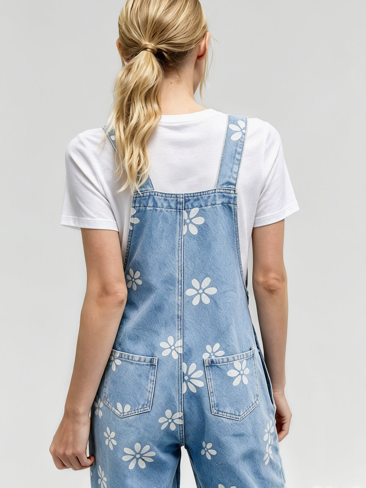 Flower Print Wide Leg Denim Jumpsuit - Fisoew