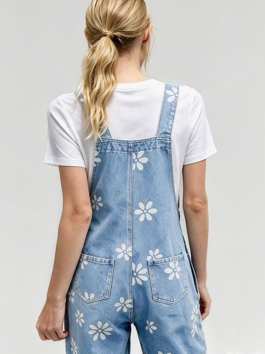 Flower Print Wide Leg Denim Jumpsuit - Fisoew