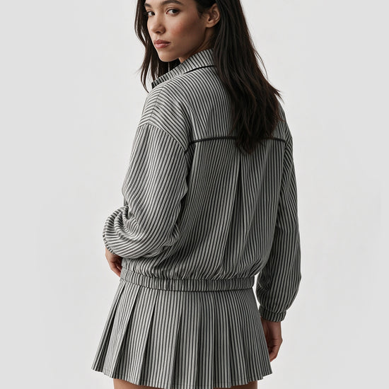 Stripe Zipper Jacket With Pleated Skirt Sets - Fisoew