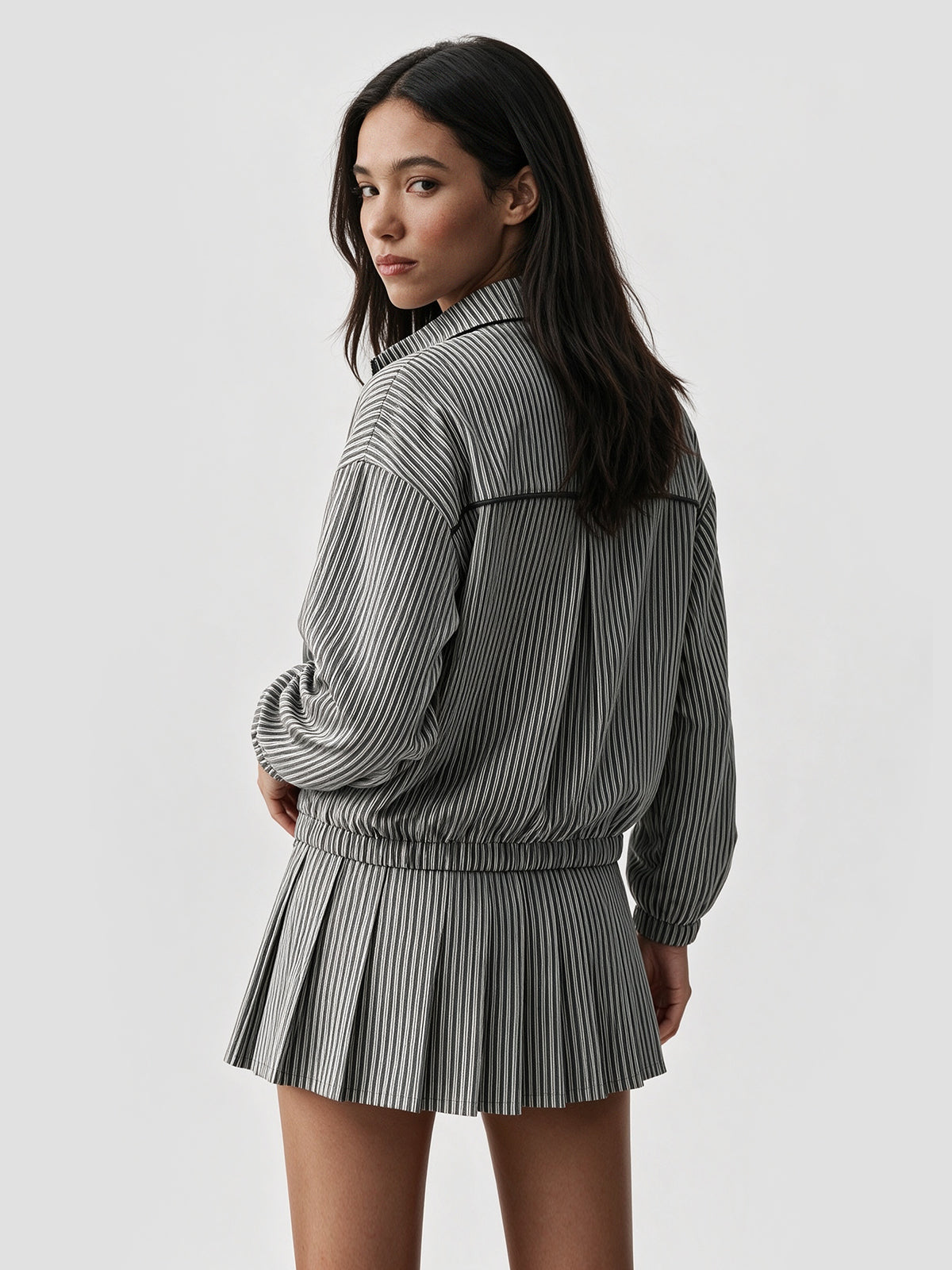 Stripe Zipper Jacket With Pleated Skirt Sets - Fisoew