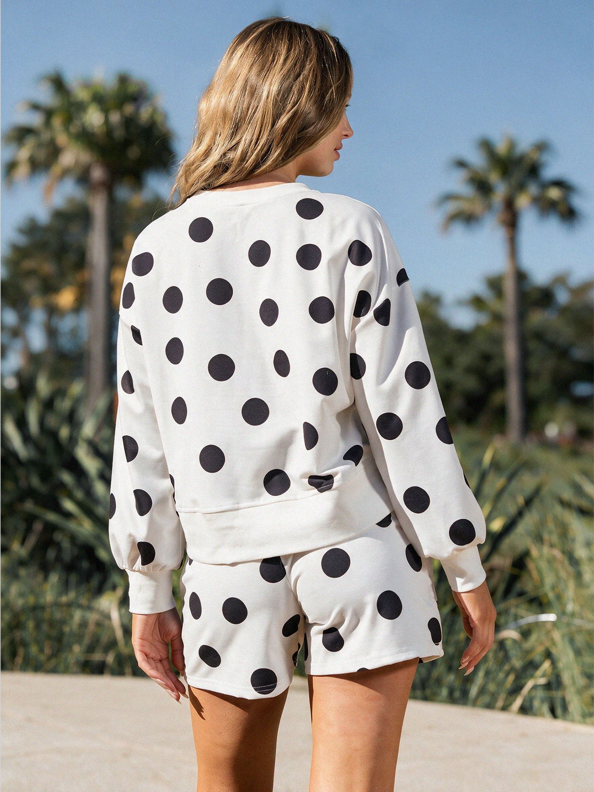 Polka Dot Sweatshirts With Short Sets - Fisoew