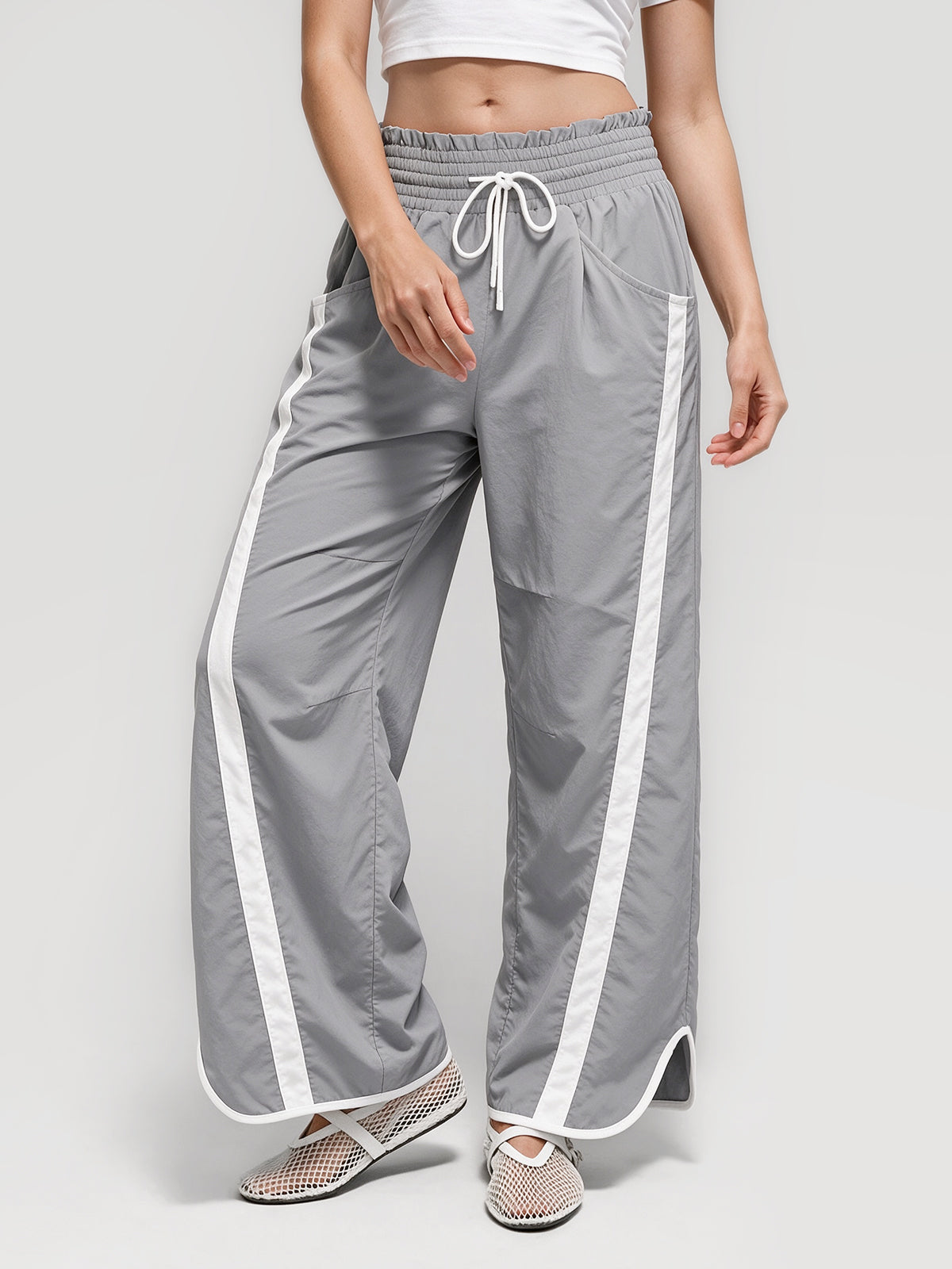Drawstring Elastic Contrast Color Pants - Fisoew