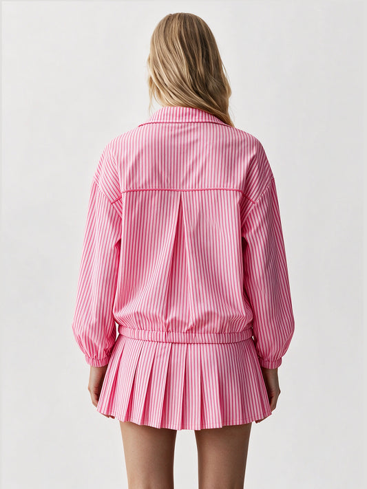Stripe Zipper Jacket With Pleated Skirt Sets - Fisoew