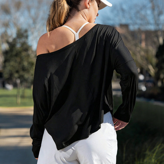 Off Shoulder Solid Long Sleeve T-Shirts - Fisoew