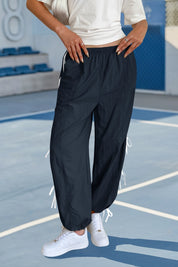 Fisoew Women’s Navy Casual Elastic Wide Leg Track Pants - Fisoew